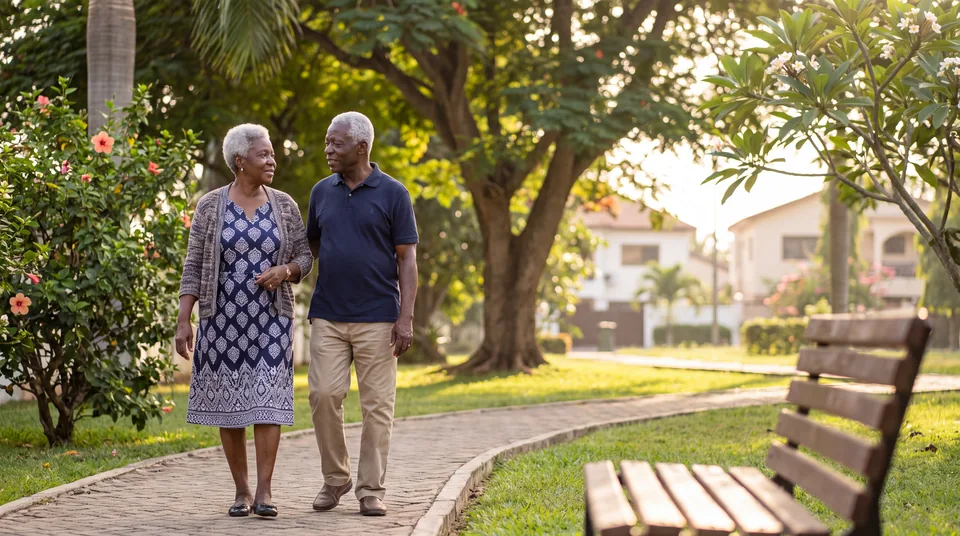 Older Ghanaian couple taking a morning walk