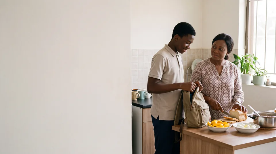 Ghanaian parent preparing breakfast with an older teenager