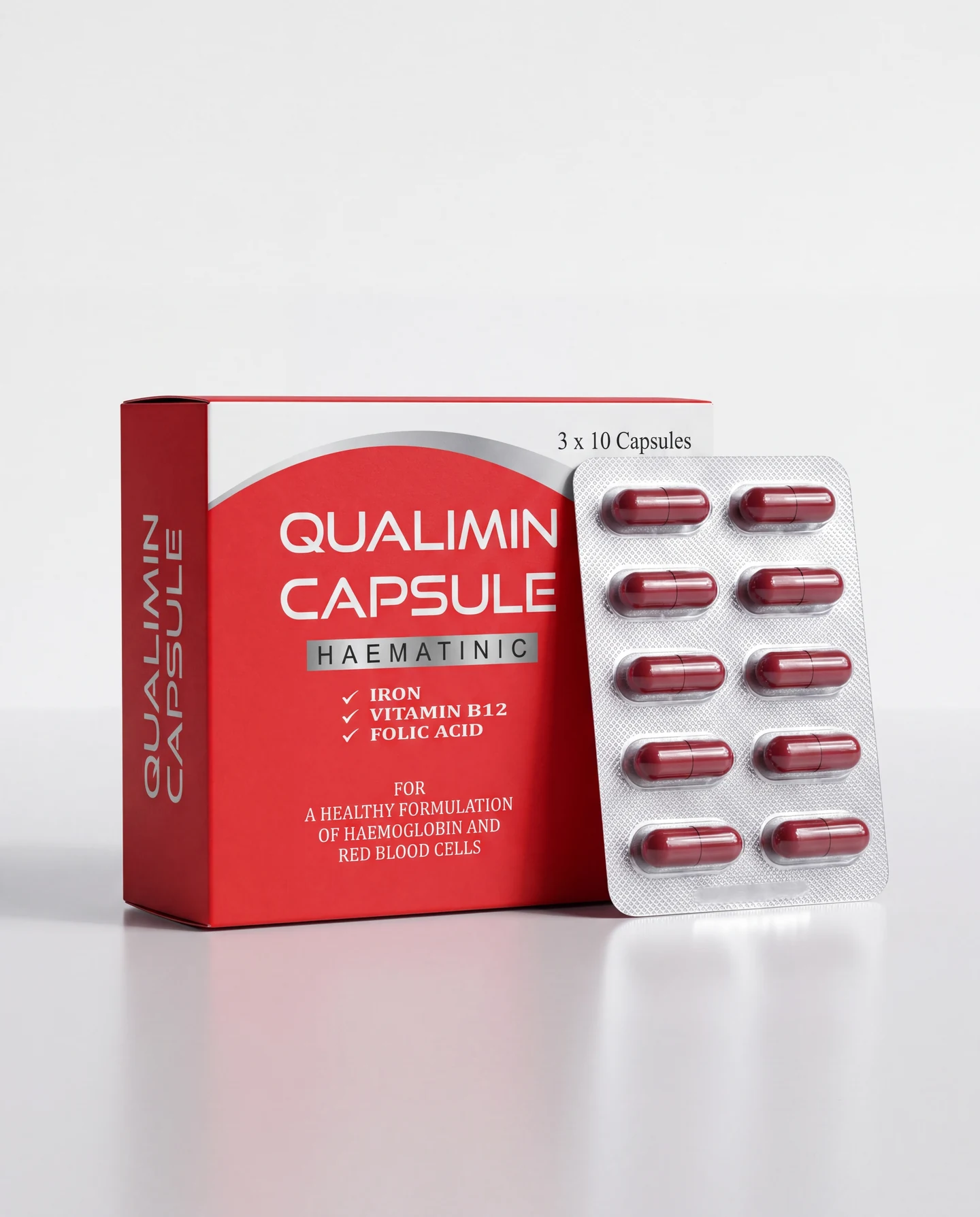 Red Qualimin Capsules carton and blister strip